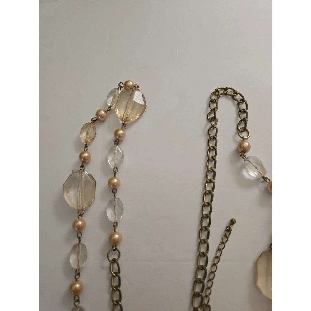 Champagne Faceted Bead Long Station Necklace Brass Tone long length